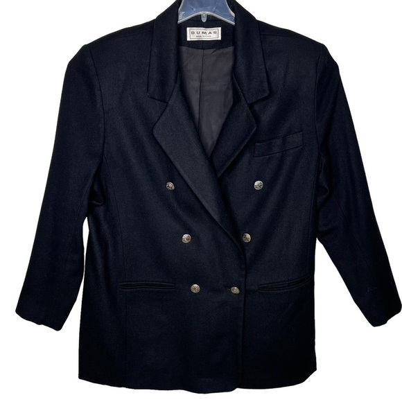 VTG Dumas Wool Car Coat Black Size 16 Double Breasted Crest Buttons Notch Collar - Picture 1 of 14